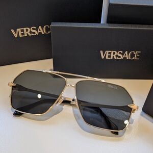 Versace Men's Sunglasses with Gold Frame and Black Lenses